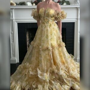 Ruffle yellow floral prom dress, formal dress or ball gown